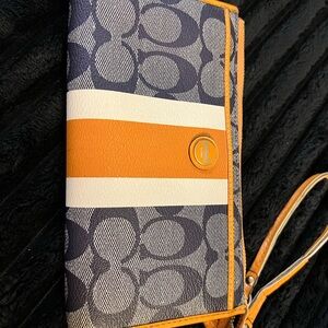 Coach Signature Stripe wristlet - Orange, Blue, and White